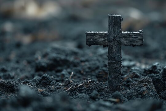 Capture the essence of Ash Wednesday with a visual representation showcasing the Christian cross and ash as symbols of religion, sacrifice, and the redemption of Jesus Christ