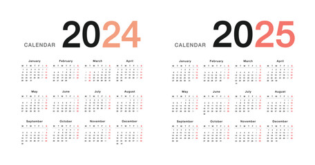 Colorful Year 2024 and Year 2025 calendar horizontal vector design template, simple and clean design. Calendar for 2024 and 2025 on White Background for organization and business. Week Starts Monday.