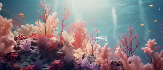 Fototapeta na wymiar Sunlit Coral Reef Ecosystem Teeming with Marine Life in Clear Blue Ocean Waters