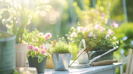 Generative AI : Gardening tools and flowers on the terrace in the garden