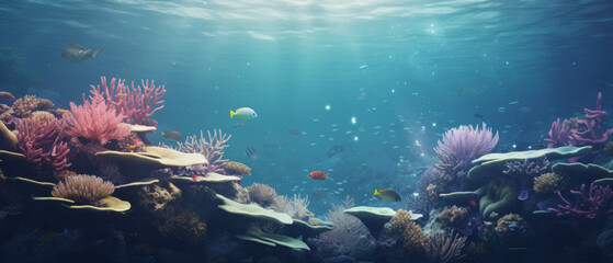 Fototapeta na wymiar Sunlit Coral Reef Ecosystem Teeming with Marine Life in Clear Blue Ocean Waters
