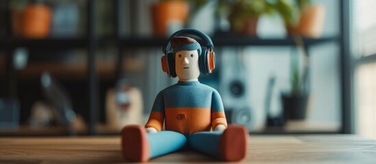 Colorful toy on wooden table with green plant in the background, children's plaything on rustic surface