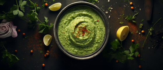 Gourmet Avocado Guacamole Garnished with Fresh Herbs and Spices on a Dark Background