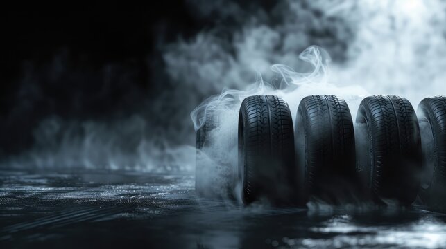 Dynamic image of spinning car tires emitting smoke against a black backdrop. A wider shot showcasing the excitement and energy of high-speed action.