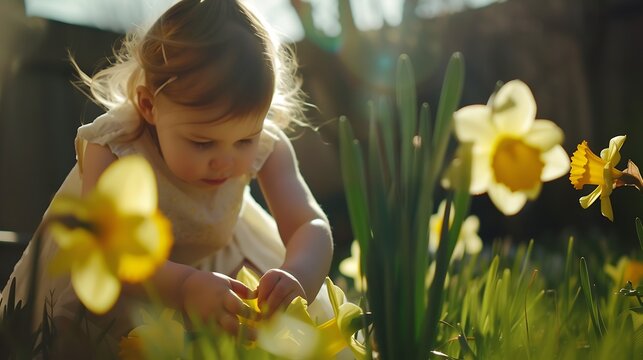 Generative AI : Toddler girl playing in daffodil flower field. Child gardening. Kid picking flowers in the backyard. 