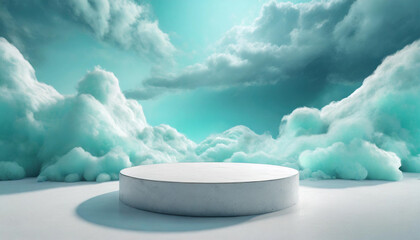 White podium sits on a white surface in front of a sky filled with clouds. Minimal scene for product presentation or advertising