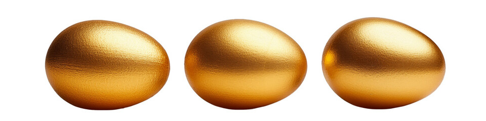 Trio of Golden Eggs Symbolizing Wealth and Luxury on a White Background