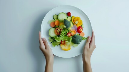 Generative AI : Hands holding big plate with different fresh farm vegetables. Autumn harvest and healthy organic food concept