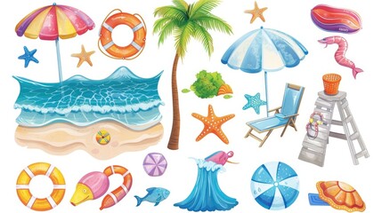 Fototapeta na wymiar Big summer set. Summer set of cute elements: swimsuit, sunglasses, sun lounger with umbrella, swimming circle, hat, starfish, fruit, ice cream, fins and mask, surfboard