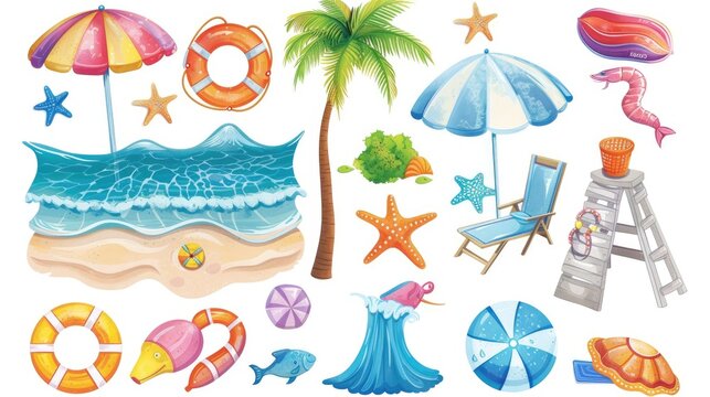 Big summer set. Summer set of cute elements: swimsuit, sunglasses, sun lounger with umbrella, swimming circle, hat, starfish, fruit, ice cream, fins and mask, surfboard