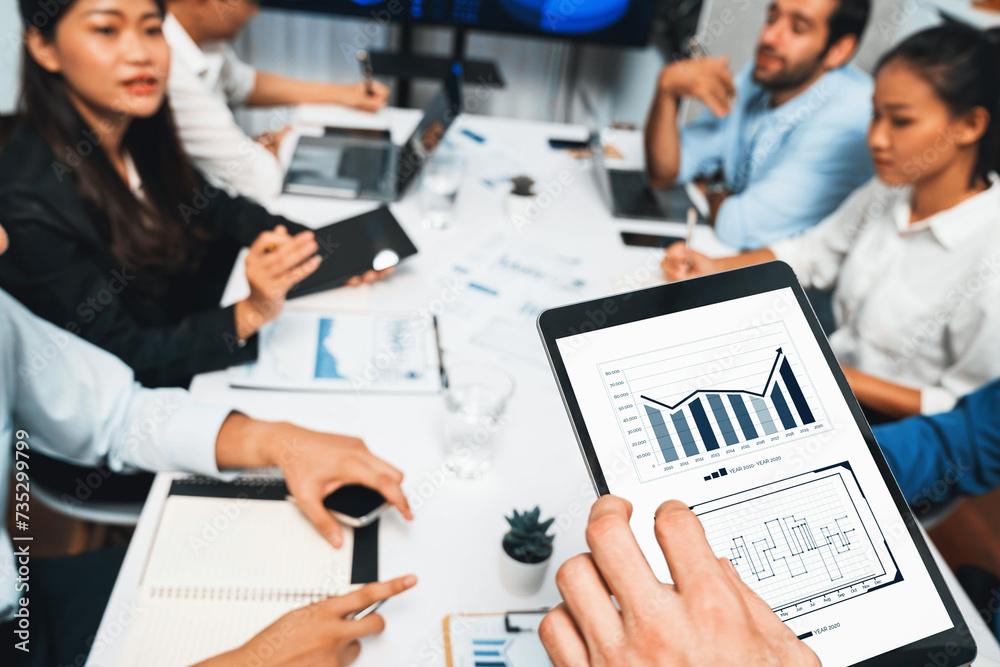 Poster Analyst team uses BI Fintech display tablet to analyze financial data . Business people analyze BI software technology dashboard power for insights power into business marketing planning. Prudent