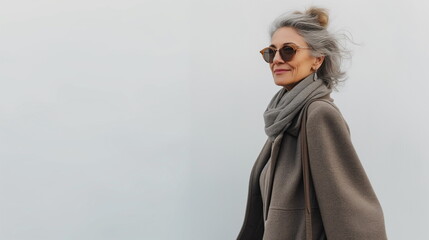 Outdoor portrait of beautiful 50 - 60 year old woman posing next to background wall