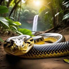 The closeup image of green anaconda (Eunectes murinus) . It is a boa species found in South America. It is the heaviest and one of the longest known extant snake species. - obrazy, fototapety, plakaty