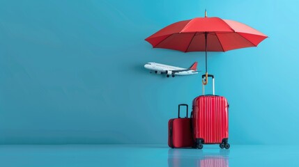 Travel insurance business concept. Red umbrella cover airplane and suitcases on blue background. Travel insurance covers loss suitcase, flight delays, cancellations, accident and medical expenses