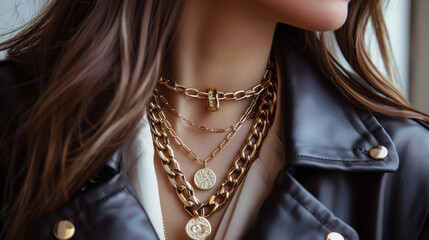 Mixing and matching chunky chain necklaces with dainty pendant pieces for a unique and edgy layered look. - obrazy, fototapety, plakaty