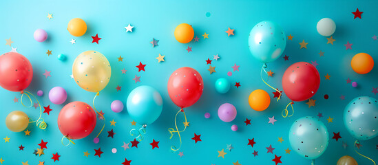 Fototapeta na wymiar Multi-colored balloons and confetti on a blue background. Festive and party background. AI Generative