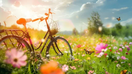 Papier Peint photo Vélo Generative AI : Enjoy a warm sunny spring day with a bike tour through lovely green spring flower covered landscape 