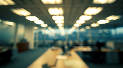 blurred view of an office interior with illuminated ceiling lights reflecting on a shiny floor.