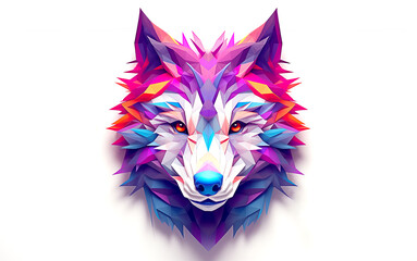 Obraz premium Wolf face made of multi-colored geometric elements. Portrait of animal looking at screen. Fantastic wolf on white