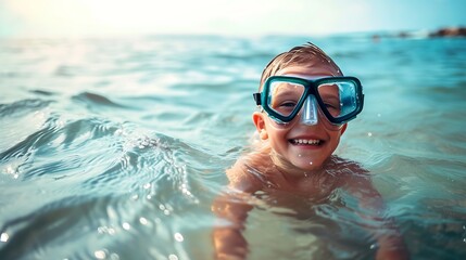 Generative AI : Happy cheerful boy in snorkeling mask diving in sea water on the beach and smiling in camera. 