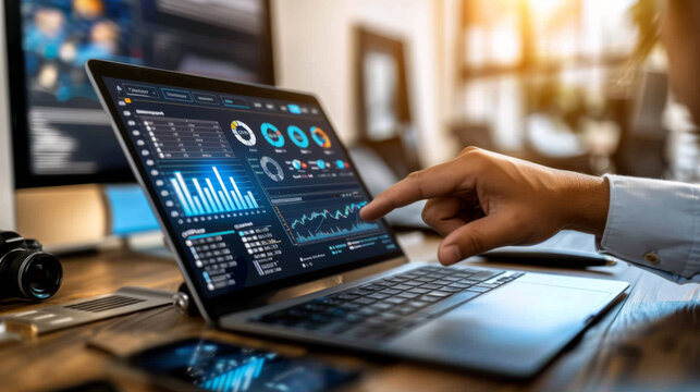 person's hand is holding a stylus over a laptop screen displaying various colorful data analytics and graphs.