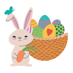 cute easter bunny holding a carrot standing next to a basket with colorful eggs easter illustration
