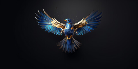 Blue and Gold Kingfisher Spreading Its Wings on a Black Background
