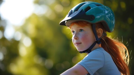 Fototapeta na wymiar Generative AI : Redhead girl in helmet learning riding bike.