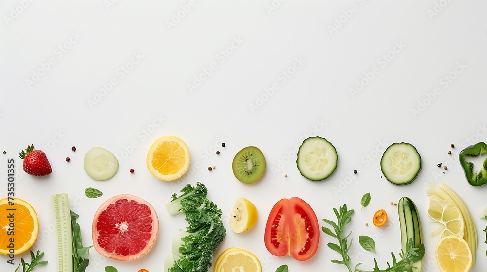 Poster generative ai : wide collage of fresh fruits and vegetables for layout isolated on white background.