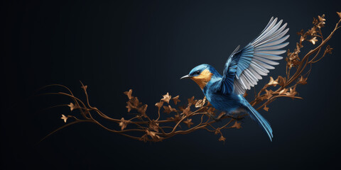 Kingfisher Taking Flight from Gilded Autumn Branches Against a Dark Backdrop