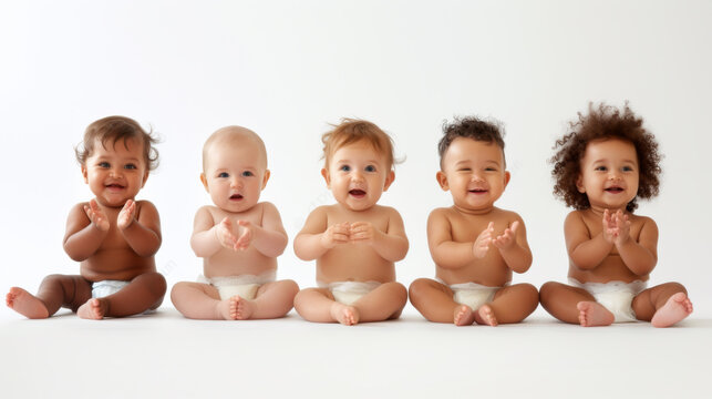smiling babies sitting in a row on a white background, each wearing a diaper and clapping their hands.