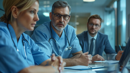 focused group of medical professionals engaged in a serious discussion, possibly during a team meeting or conference.