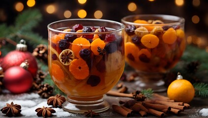 Compote from dried fruits and spices on christmas winter time