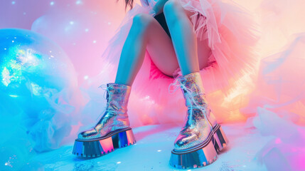 A pastel pink tulle skirt with a galaxy print paired with a black crop top and holographic platform boots for a playful and whimsical interpretation of the cosmic theme.