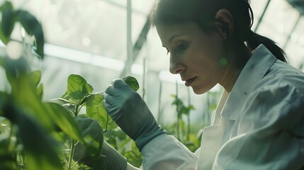 Generative AI : Female scientist examining a plants in greenhouse farm. 