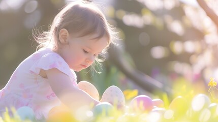 Obraz na płótnie Canvas Generative AI : Child in garden on Easter egg hunt