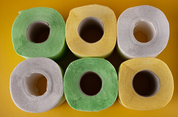 rolls of multicolored toilet paper, top view