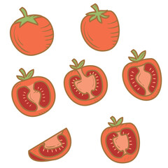 Fresh tomato.Red tomato collection. Vegetables slice and a whole tomato.Organic food. Farm products.Isolated on white background.Vector flat illustration.