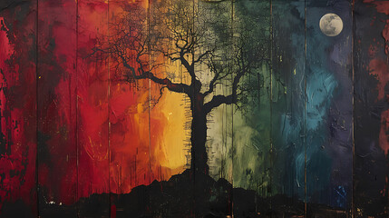 Rainbow colorful background with black tree.