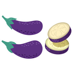 Cute Eggplant cartoon icon.Food vegetable.Whole eggplant and slices.Aubergine vegetarian food.Healthy food design.Isolated on white background.Cartoon vector illustration.