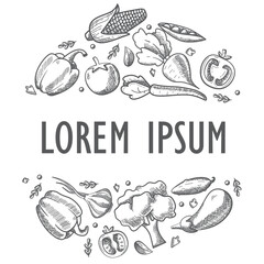 Set hand drawn vegetables.Sketches food.Fresh vegetable. Hand drawn illustration.Healthy food frame a circle vegetables.Vintage retro food.Frame heart vegetable.Heart shape with organic vegetables.