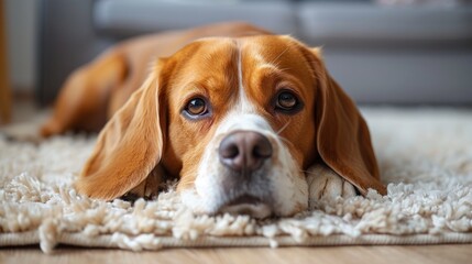 a brown and white dog laying on top of a rug on top of a wooden floor next to a couch.