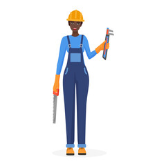Construction worker holding hand saw and adjustable wrench, female builder in helmet and gloves vector illustration