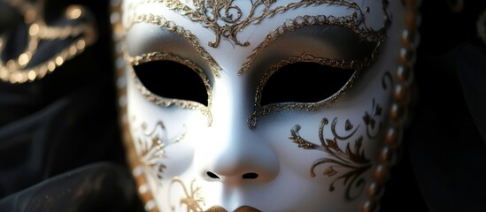 Elegant White Masquerade Mask with Intricate Gold Designs for Mysterious and Glamorous Halloween Parties and Venetian Carnivals