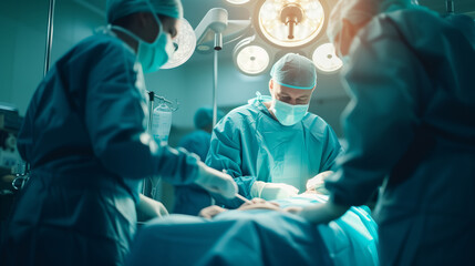 Surgeons perform surgery in the operating theatre on a patient under anaesthesia, treating people - obrazy, fototapety, plakaty