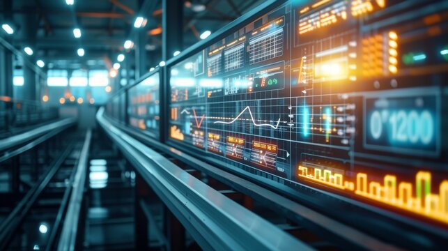 A digital screen showing realtime data ysis of production efficiency and customization levels.