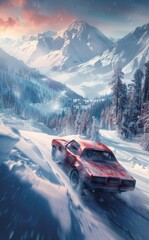 a red car driving down a snow covered road in front of a mountain covered in snow with trees and snow covered mountains in the background.