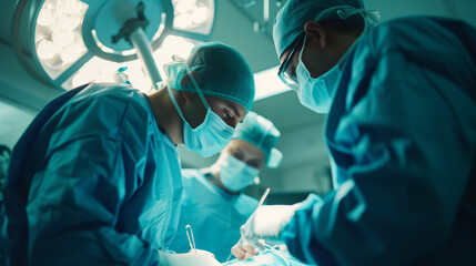 Surgeons perform surgery in the operating theatre on a patient under anaesthesia, treating people