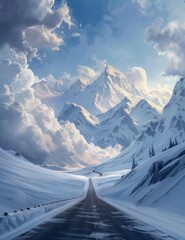 a painting of a snowy landscape with mountains in the background and a road running through the middle of the picture.