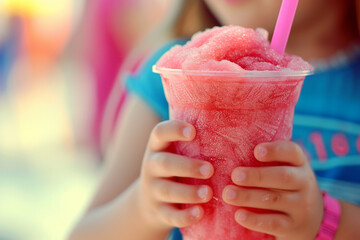 Close up of a child holding a cold slushy crushed ice drink - obrazy, fototapety, plakaty